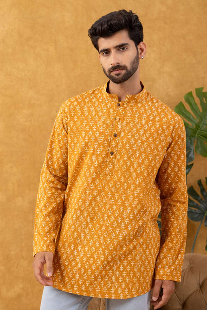 Navrang Men's Mustard Block Print Cotton Short Kurta – Sizes XS to 6XL