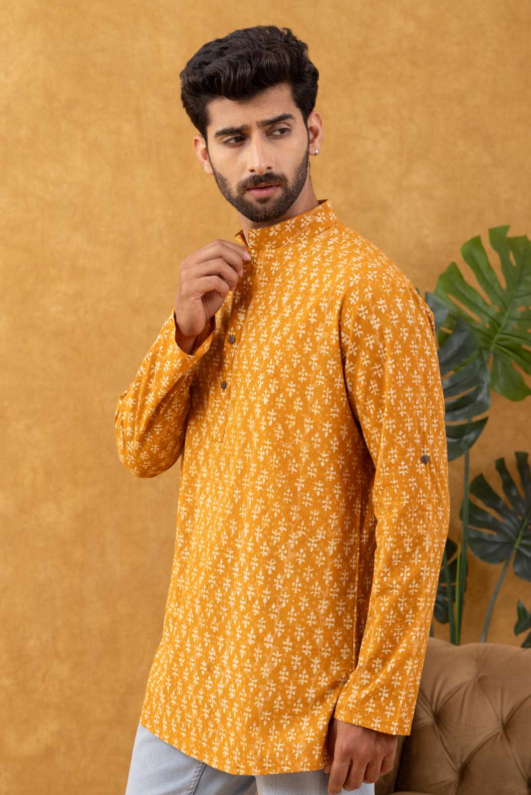 Navrang Men's Mustard Block Print Cotton Short Kurta – Sizes XS to 6XL