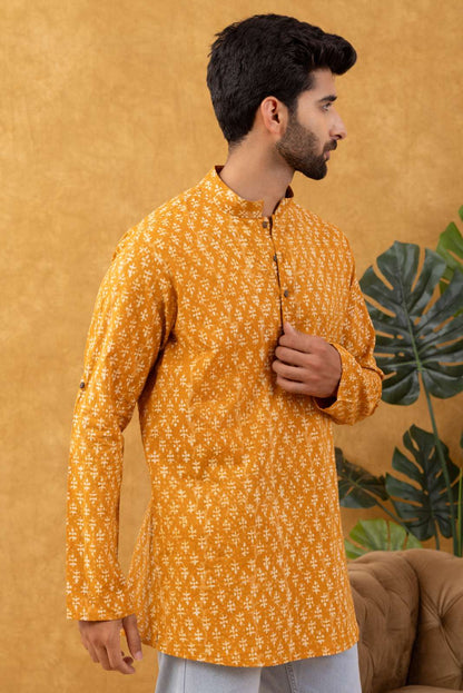 Navrang Men's Mustard Block Print Cotton Short Kurta – Sizes XS to 6XL