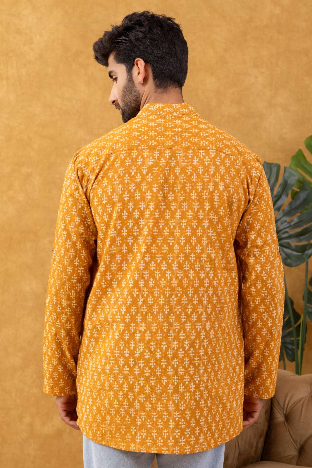 Navrang Men's Mustard Block Print Cotton Short Kurta – Sizes XS to 6XL
