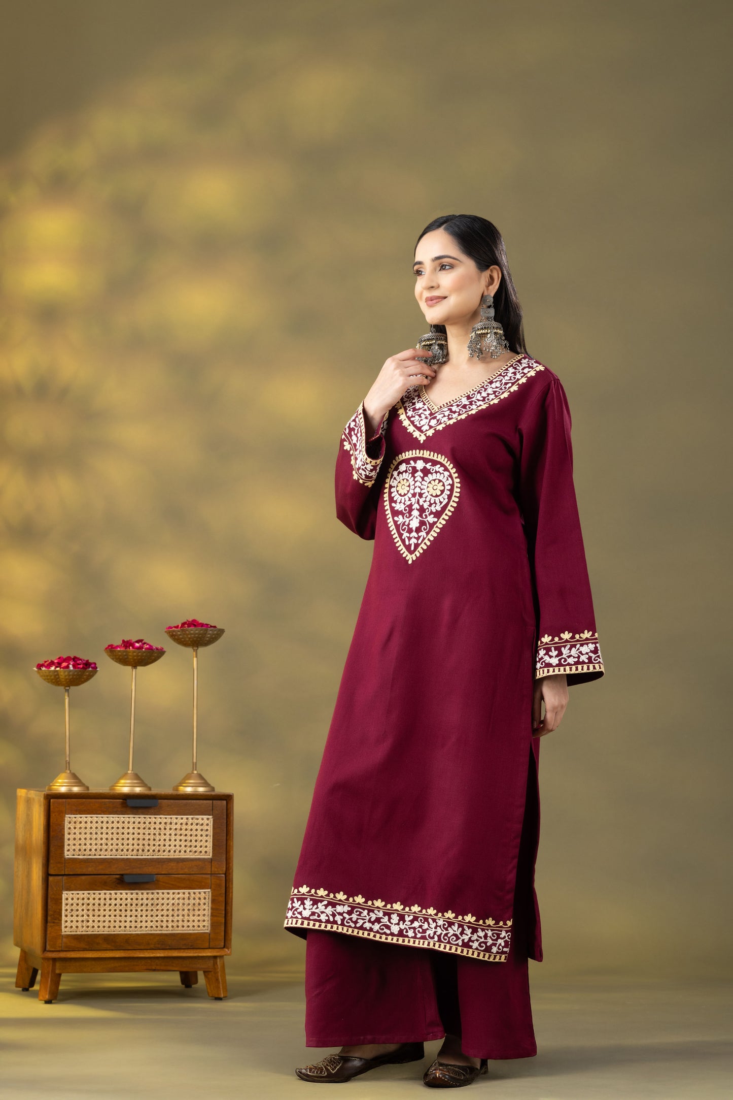 Utsaah Wine Woolen Aari Embroidery Kurta Set