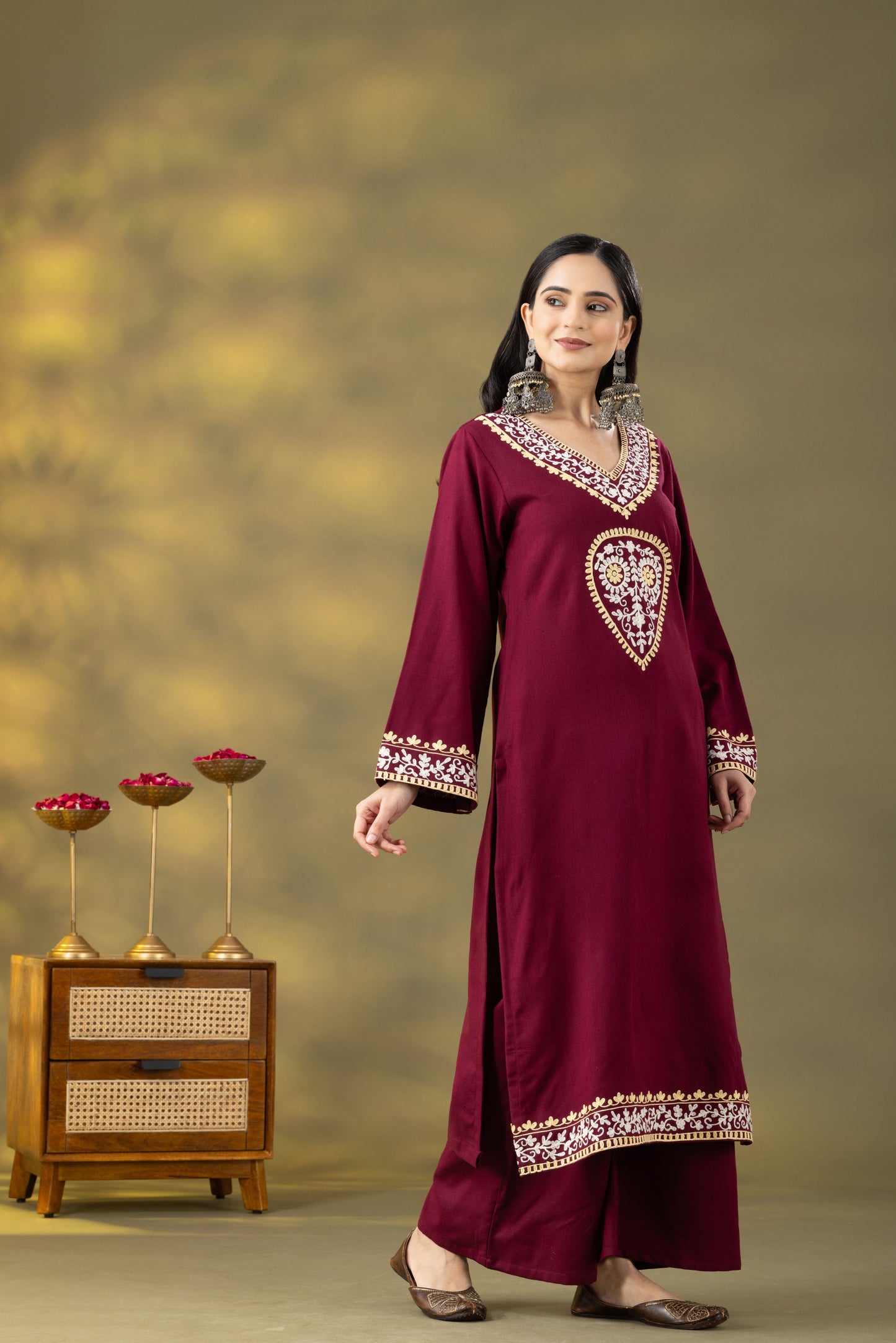 Utsaah Wine Woolen Aari Embroidery Kurta Set