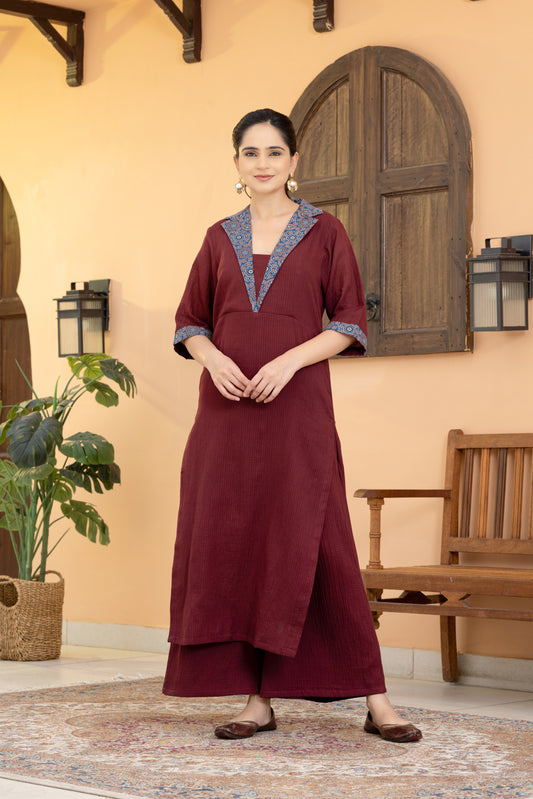 Jugni Maroon Ajrakh Coat collar Kurta Set