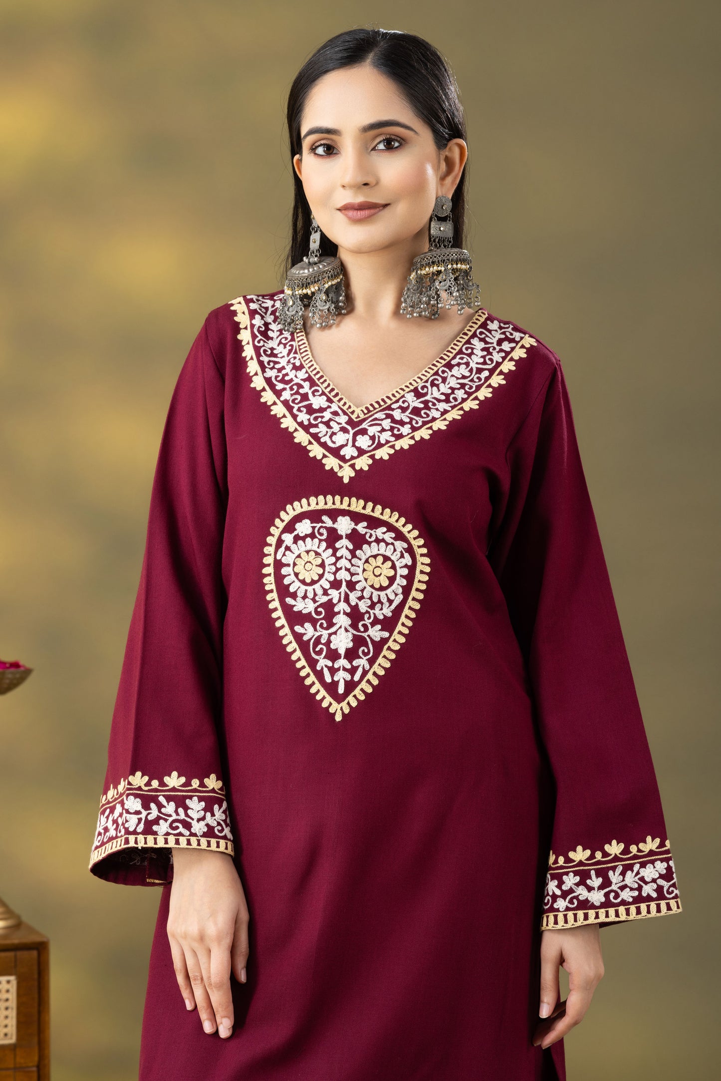 Utsaah Wine Woolen Aari Embroidery Kurta Set