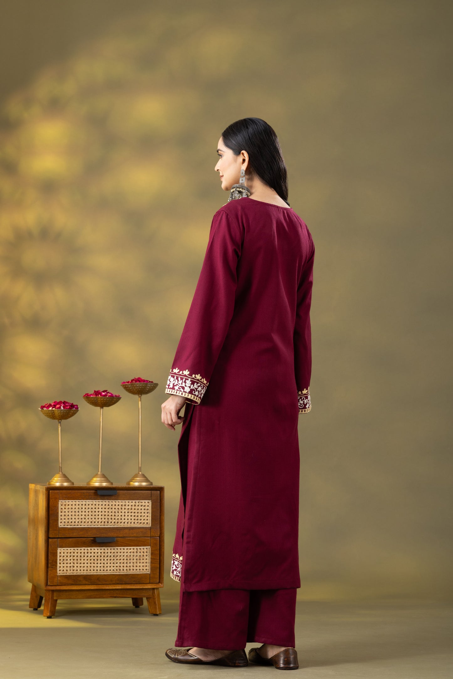 Utsaah Wine Woolen Aari Embroidery Kurta Set