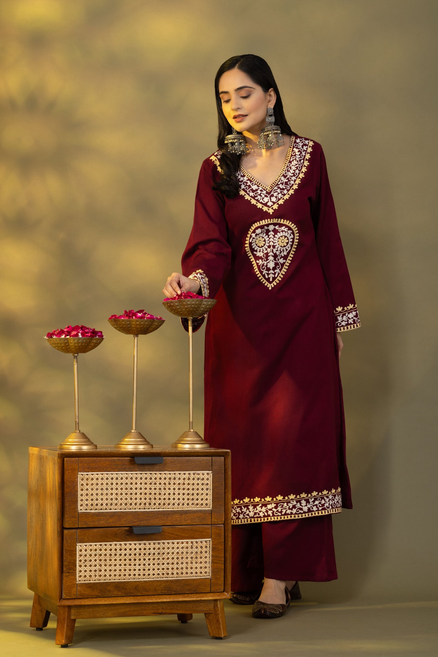 Utsaah Wine Woolen Aari Embroidery Kurta Set