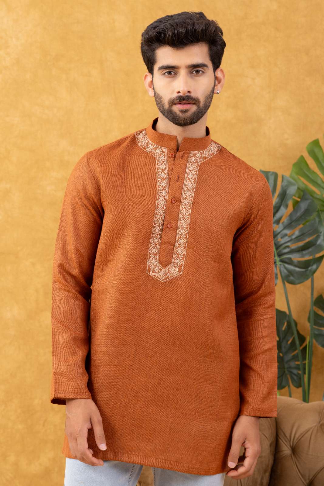 Navrang Men's Rust Pure Cotton Short Kurta – Sizes XS to 6XL