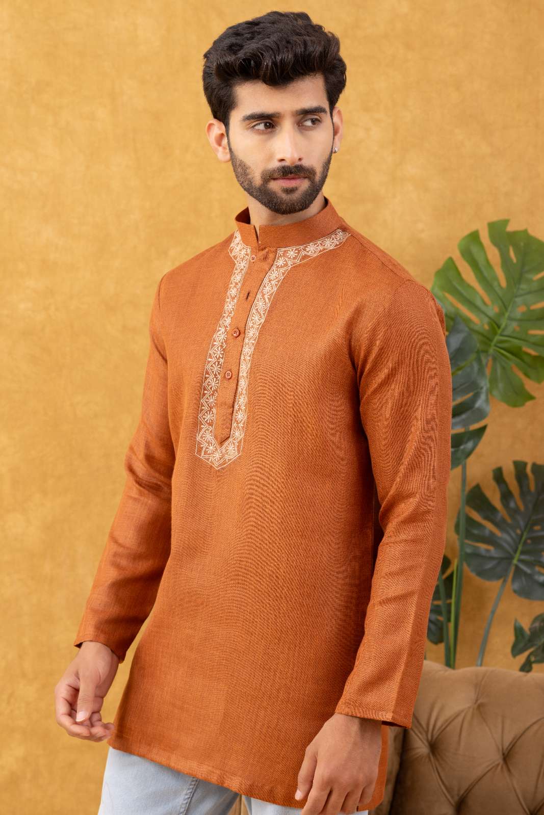 Navrang Men's Rust Pure Cotton Short Kurta – Sizes XS to 6XL