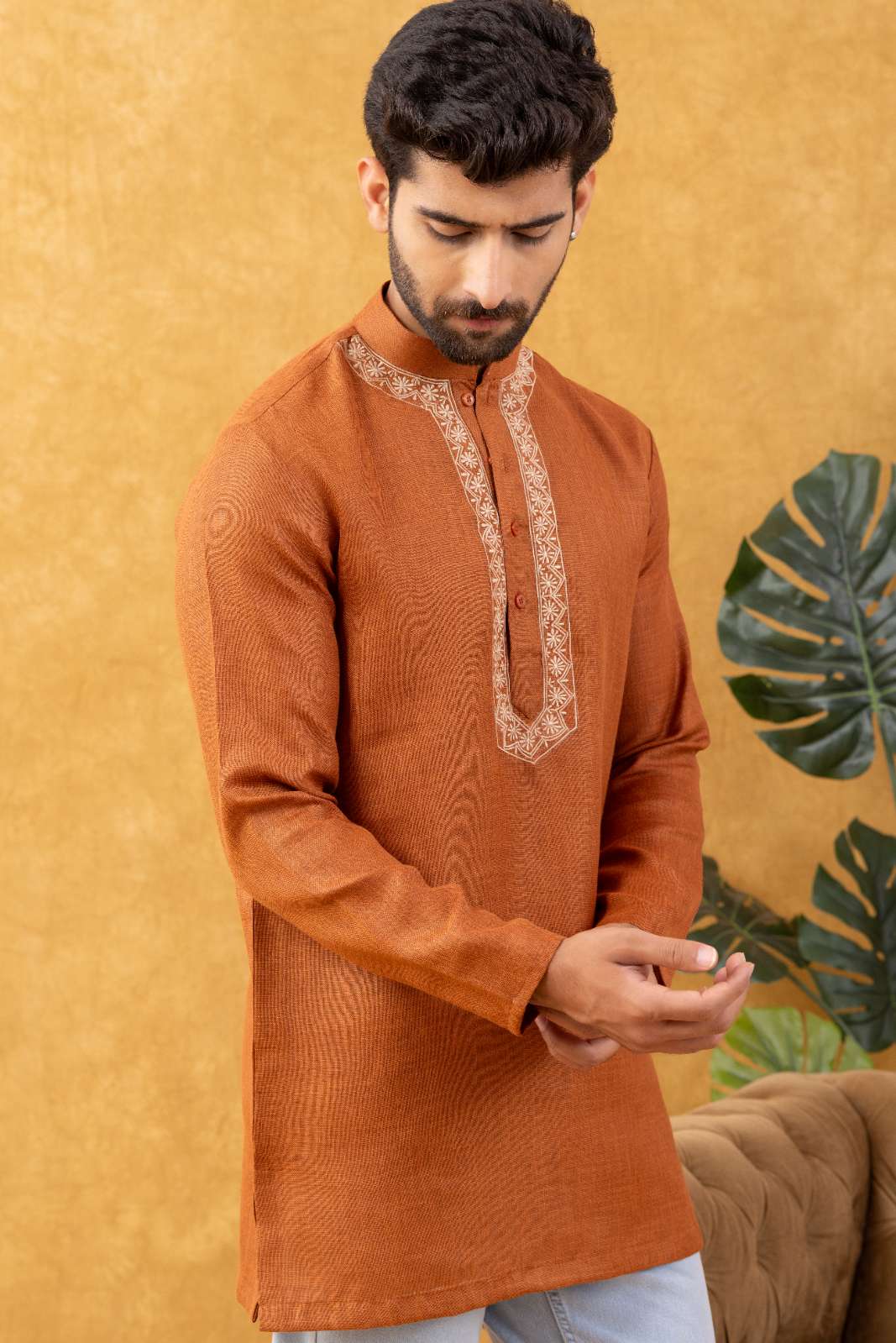 Navrang Men's Rust Pure Cotton Short Kurta – Sizes XS to 6XL