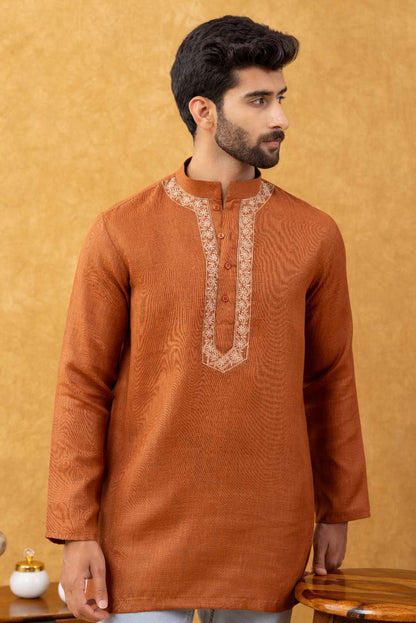 Navrang Men's Rust Pure Cotton Short Kurta – Sizes XS to 6XL