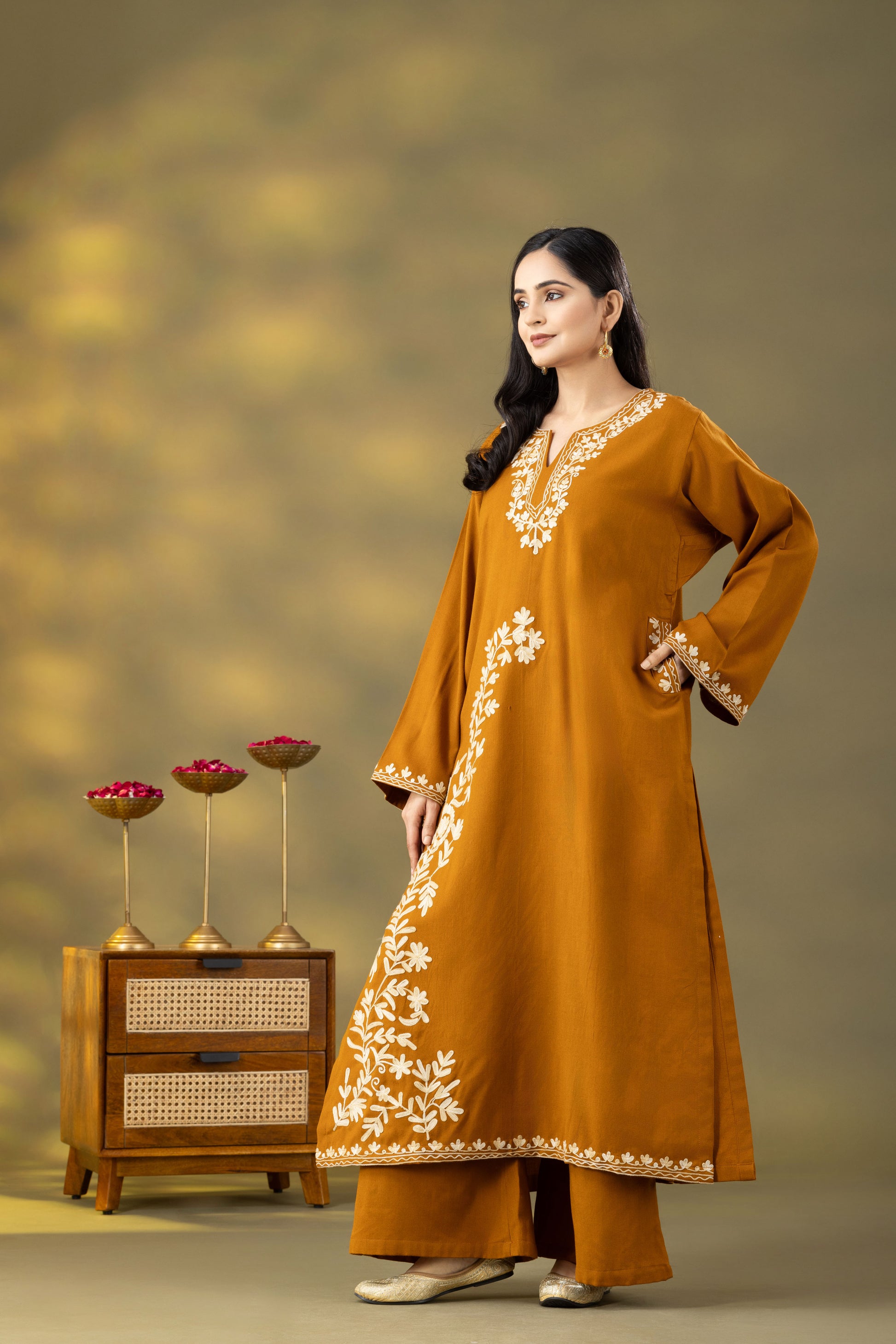 Mustard Woolen Phiran Set for Women | Handcrafted Kashmiri Winter Wear Handikart Online Sales Private Limited Mustard Woolen Phiran Set for Women | Handcrafted Kashmiri Winter Wear Handikart Online Sales Private Limited