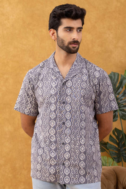 Navrang Men's Grey Block Print Casual Shirt – Sizes XS to 6XL