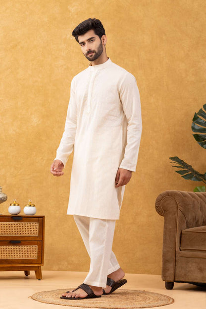 Navrang Men's Beige Dobby Textured Cotton Long Kurta Set – Sizes XS to 6XL