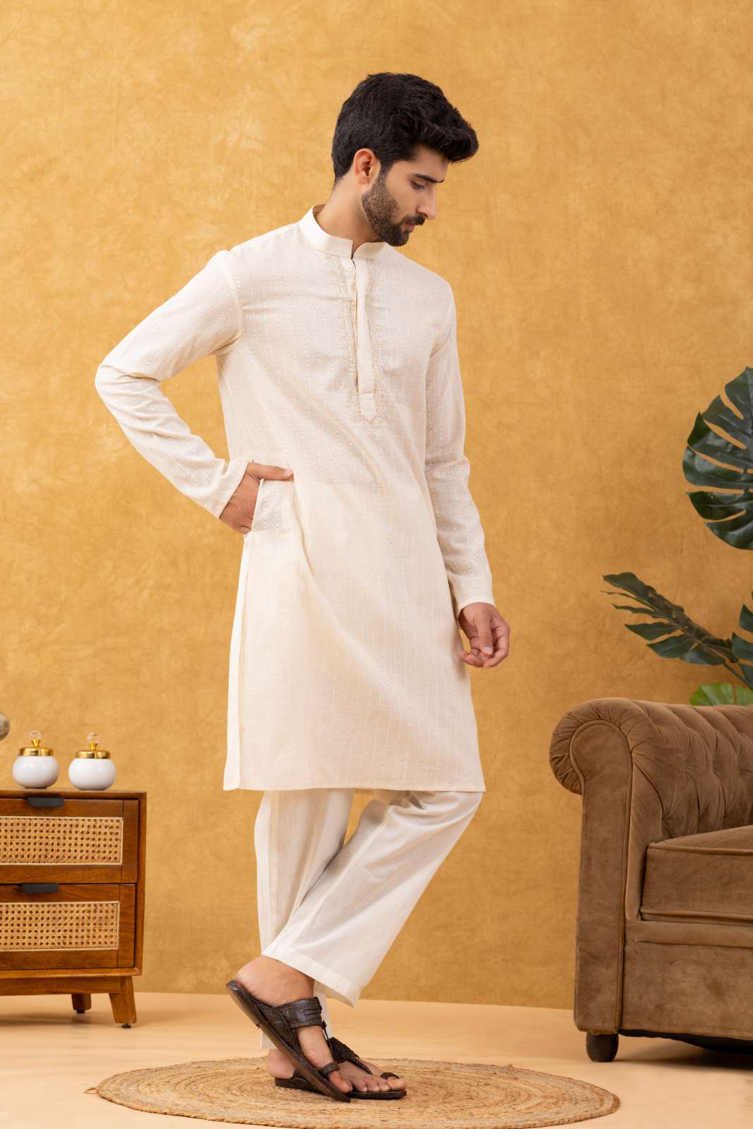 Navrang Men's Beige Dobby Textured Cotton Long Kurta Set – Sizes XS to 6XL