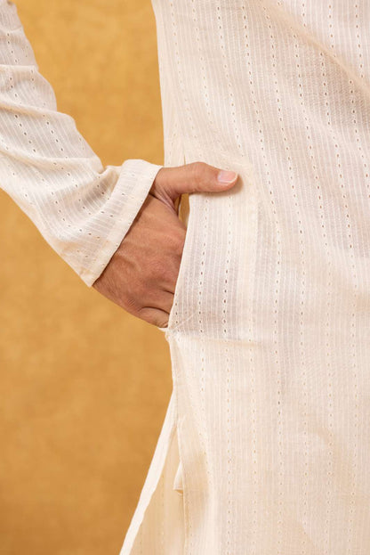 Navrang Men's Beige Dobby Textured Cotton Long Kurta Set – Sizes XS to 6XL