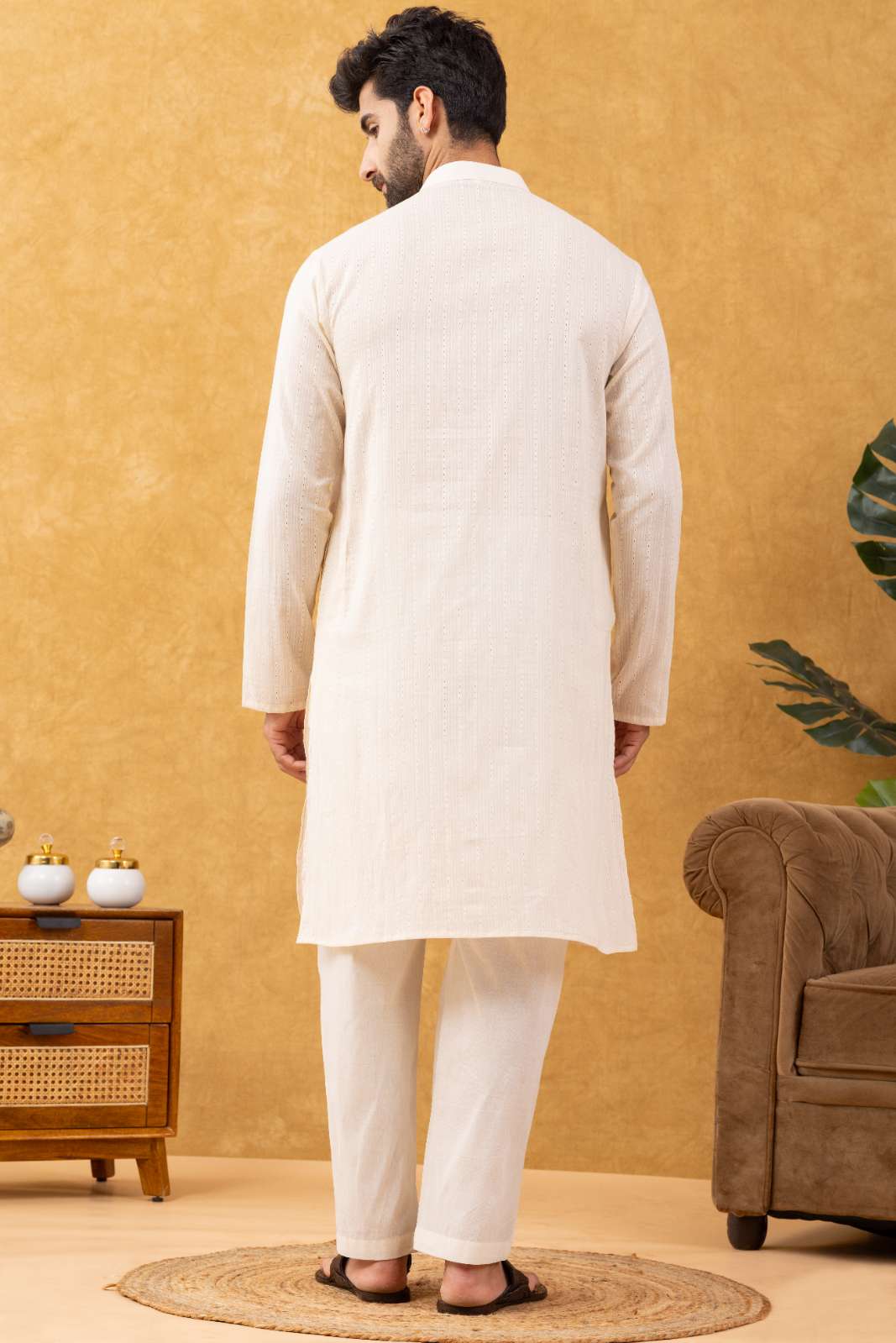 Navrang Men's Beige Dobby Textured Cotton Long Kurta Set – Sizes XS to 6XL