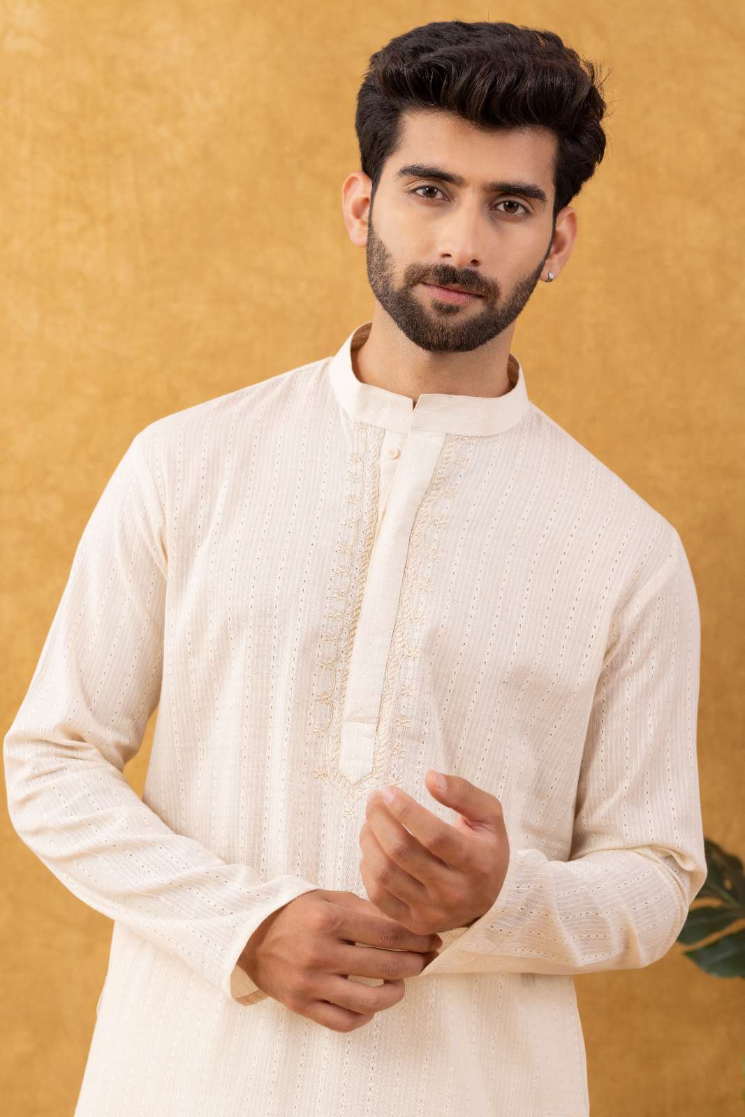 Navrang Men's Beige Dobby Textured Cotton Long Kurta Set – Sizes XS to 6XL