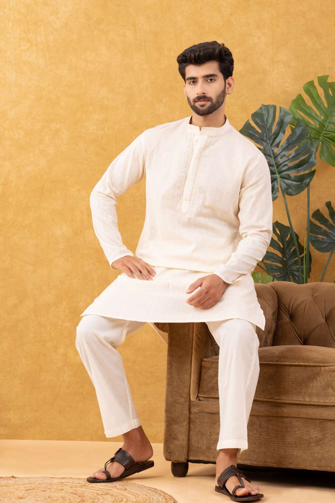 Navrang Men's Beige Dobby Textured Cotton Long Kurta Set – Sizes XS to 6XL