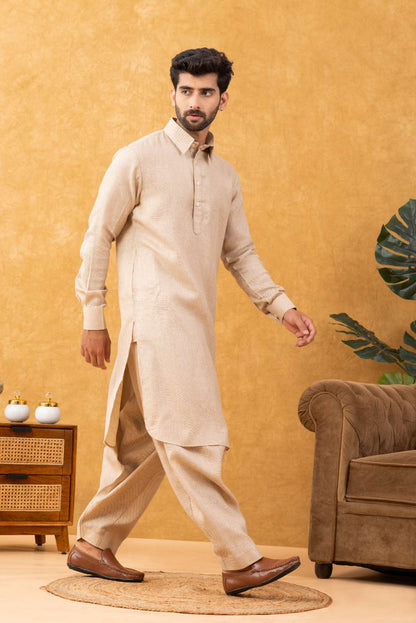 Navrang Men's Beige Linen Pathani Kurta Set – Sizes XS to 6XL
