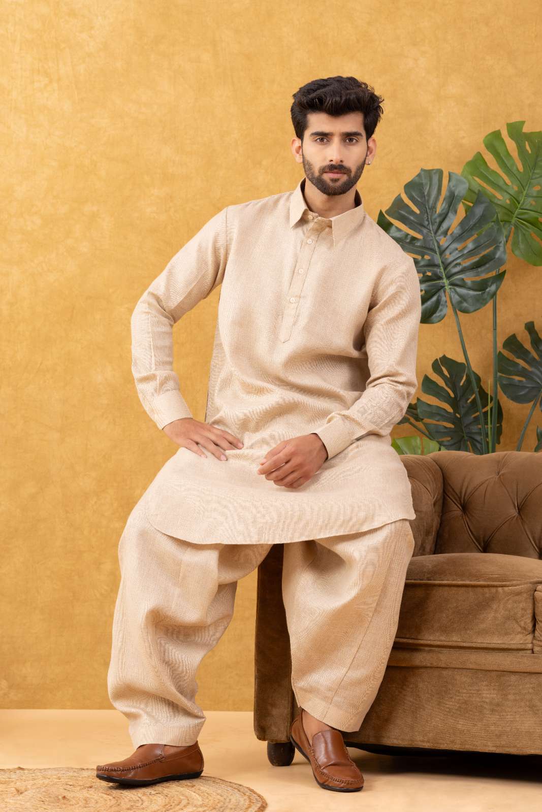 Navrang Men's Beige Linen Pathani Kurta Set – Sizes XS to 6XL