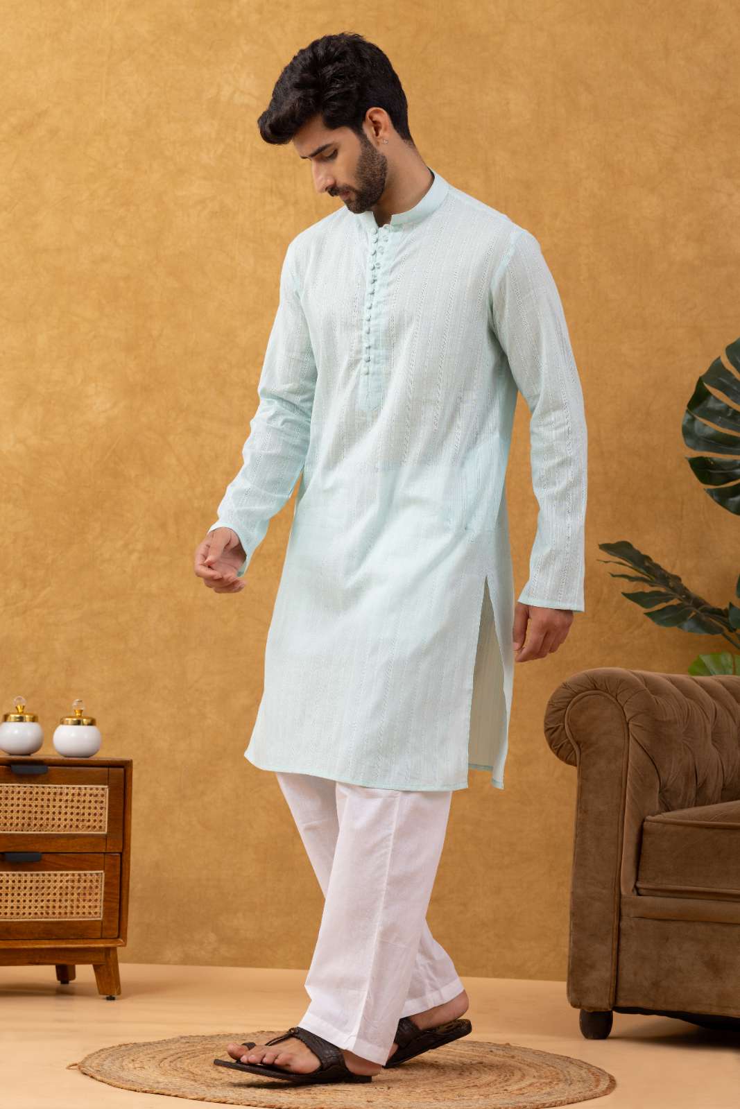 Navrang Men's Aqua Dobby Cotton Long Kurta Set – Sizes XS to 6XL