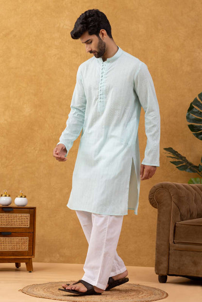 Navrang Men's Aqua Dobby Cotton Long Kurta Set – Sizes XS to 6XL