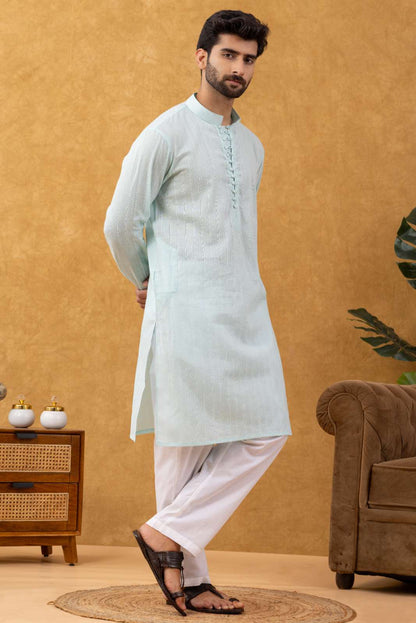 Navrang Men's Aqua Dobby Cotton Long Kurta Set – Sizes XS to 6XL