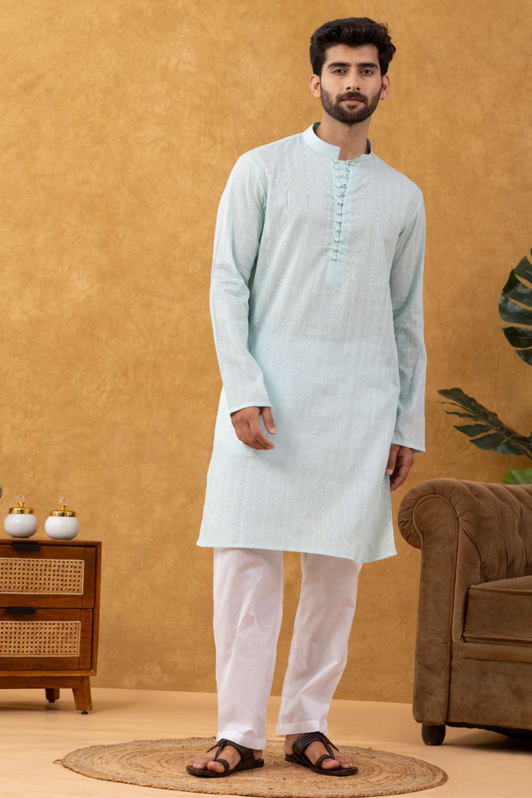 Navrang Men's Aqua Dobby Cotton Long Kurta Set – Sizes XS to 6XL
