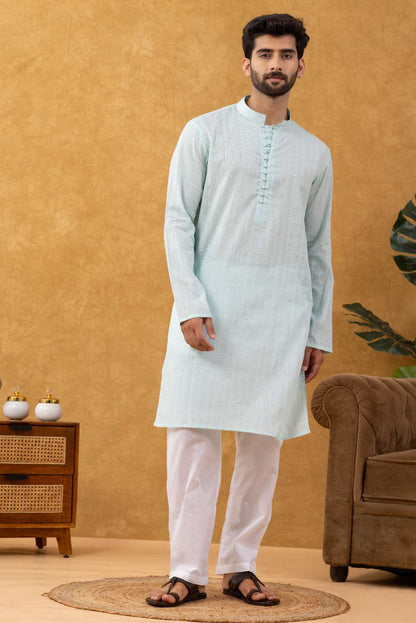 Navrang Men's Aqua Dobby Cotton Long Kurta Set – Sizes XS to 6XL