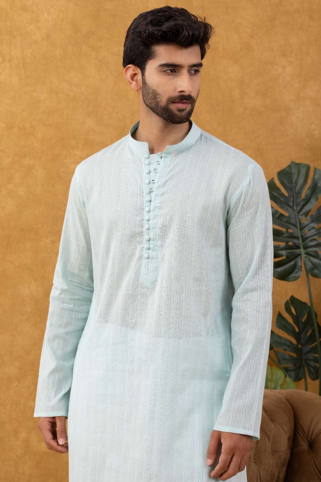 Navrang Men's Aqua Dobby Cotton Long Kurta Set – Sizes XS to 6XL