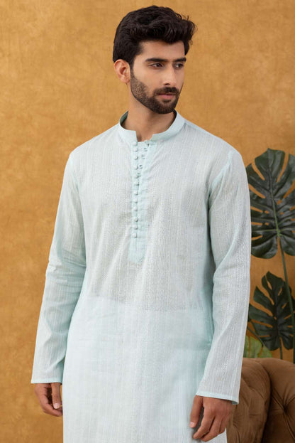 Navrang Men's Aqua Dobby Cotton Long Kurta Set – Sizes XS to 6XL