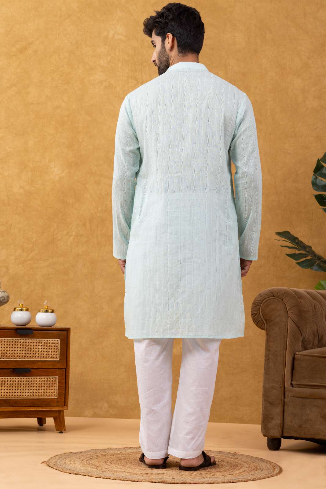 Navrang Men's Aqua Dobby Cotton Long Kurta Set – Sizes XS to 6XL