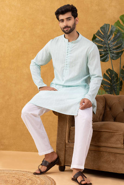 Navrang Men's Aqua Dobby Cotton Long Kurta Set – Sizes XS to 6XL
