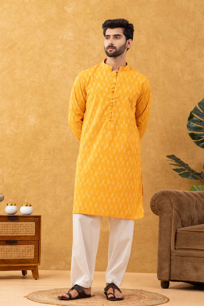 Navrang Men's Mustard Ikat Woven Cotton Long Kurta – Sizes XS to 6XL