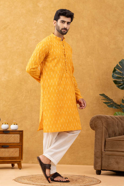 Navrang Men's Mustard Ikat Woven Cotton Long Kurta – Sizes XS to 6XL