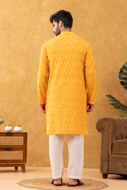 Navrang Men's Mustard Ikat Woven Cotton Long Kurta – Sizes XS to 6XL
