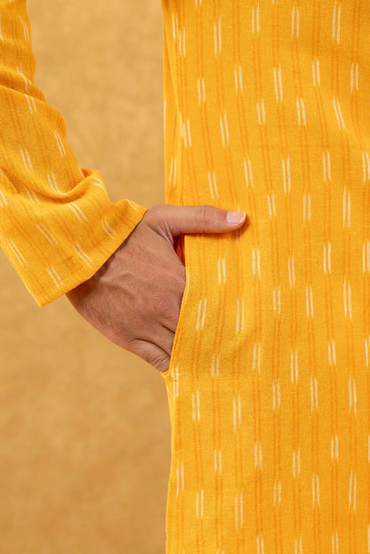 Navrang Men's Mustard Ikat Woven Cotton Long Kurta – Sizes XS to 6XL