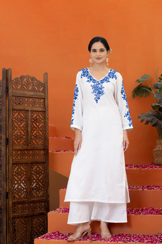 Jugni  White Indigo Embroidered Phiran Set