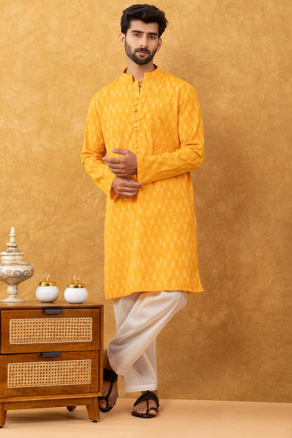 Navrang Men's Mustard Ikat Woven Cotton Long Kurta – Sizes XS to 6XL