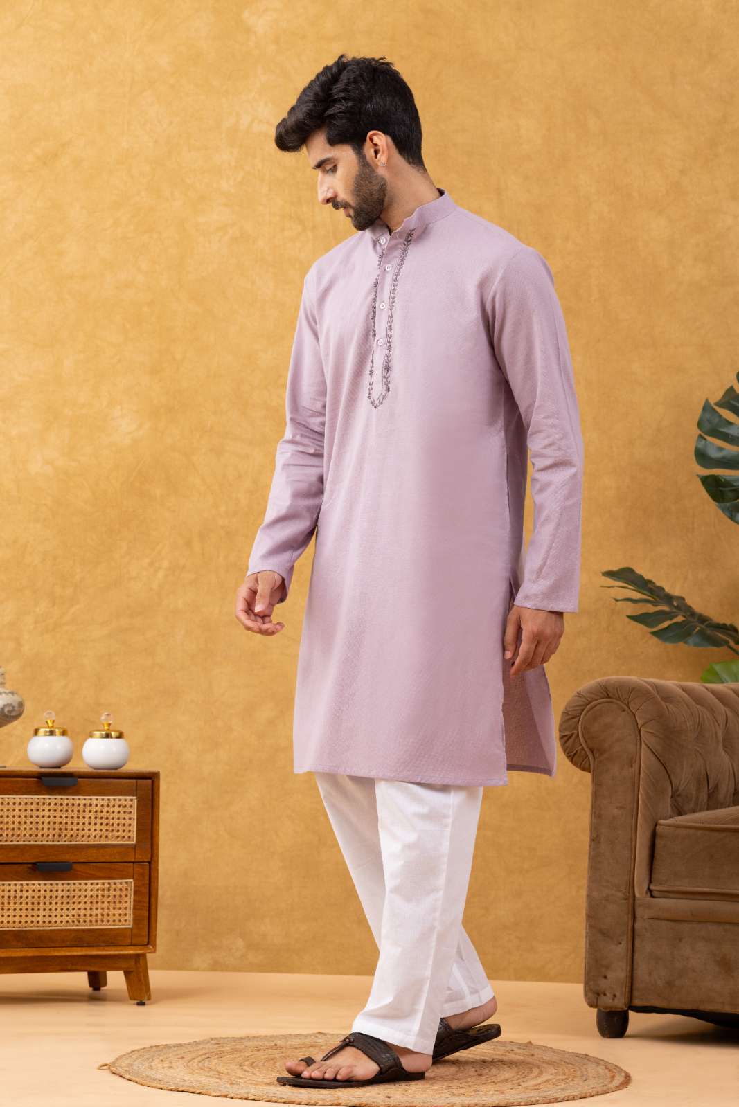 Navrang Men's Mauve Cotton Long Kurta Set – Sizes XS to 6XL