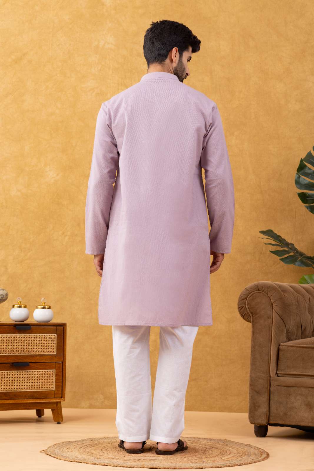 Navrang Men's Mauve Cotton Long Kurta Set – Sizes XS to 6XL