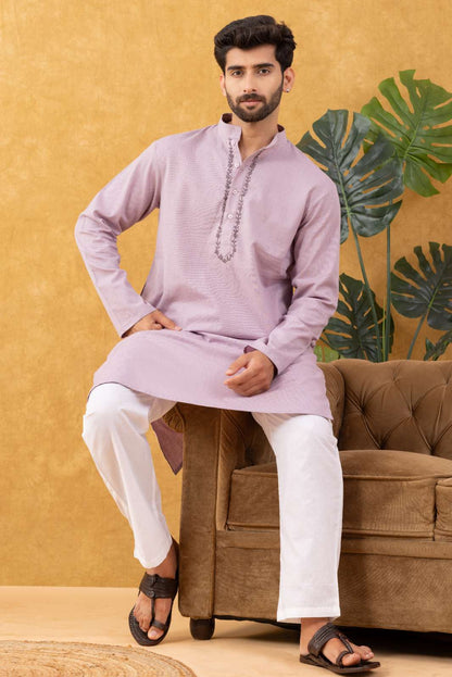 Navrang Men's Mauve Cotton Long Kurta Set – Sizes XS to 6XL