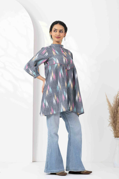 Heer Grey Multi Ikkat Gathered Tunics