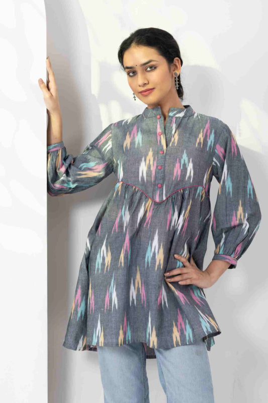 Heer Grey Multi Ikkat Gathered Tunics