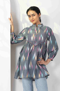 Heer Grey Multi Ikkat Gathered Tunics