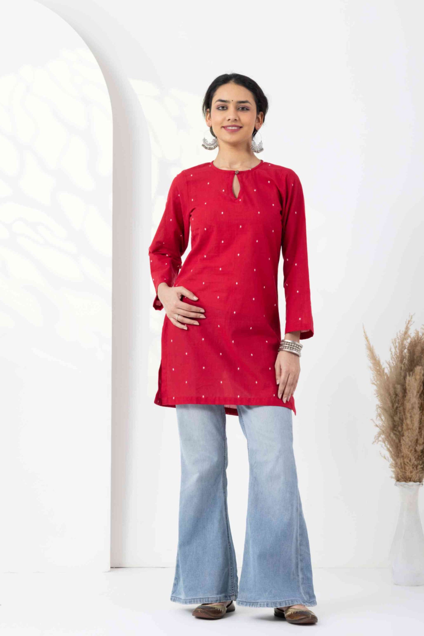 Heer Red Jamdani Keyhole Tunic