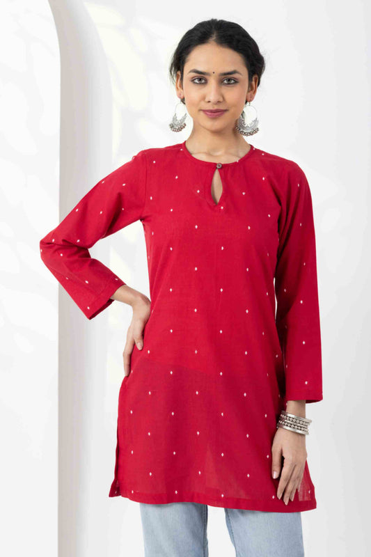 Heer Red Jamdani Keyhole Tunic