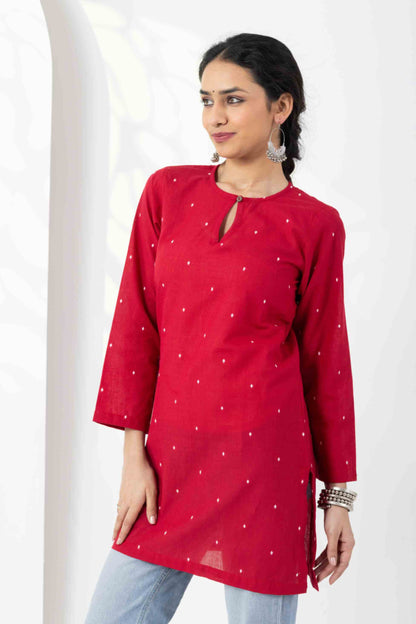 Heer Red Jamdani Keyhole Tunic