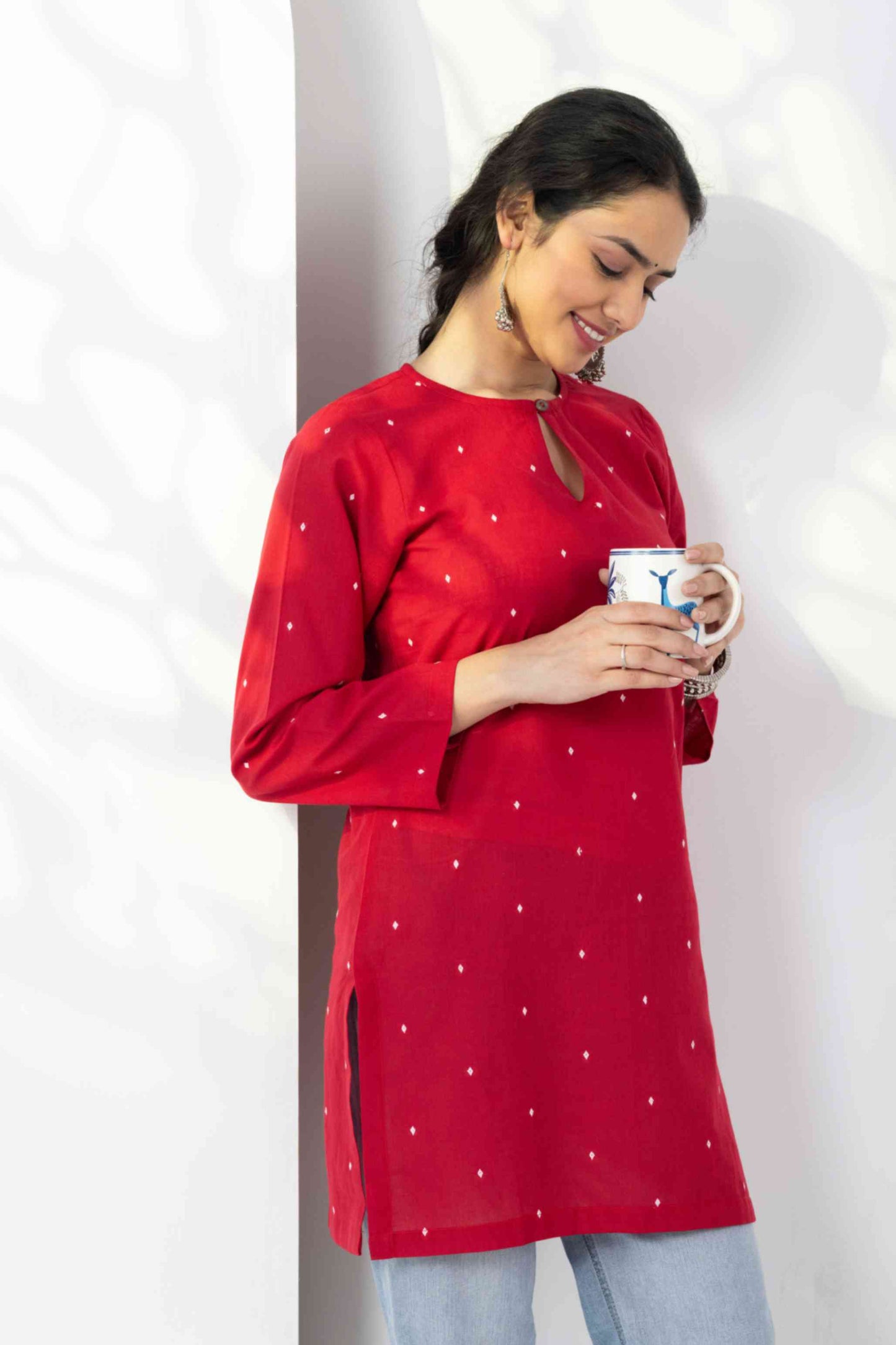 Heer Red Jamdani Keyhole Tunic