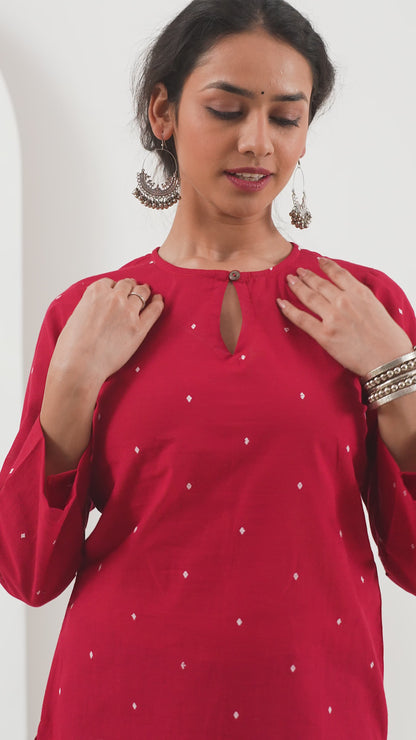Heer Red Jamdani Keyhole Tunic